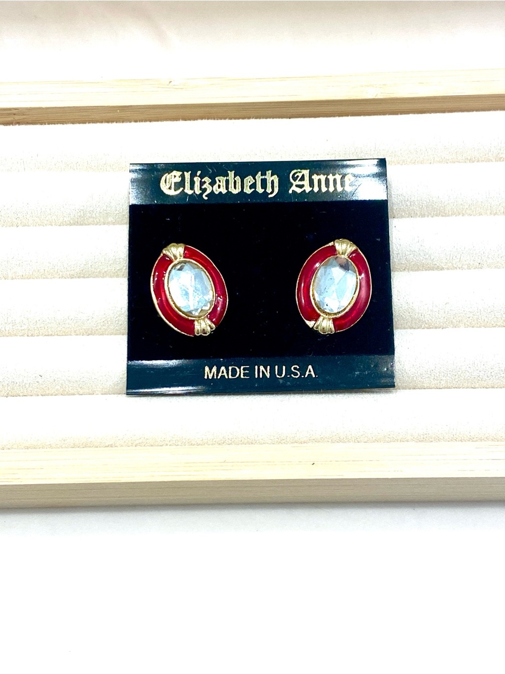 Vintage Red Enamel & Crystal Oval Stud Earrings